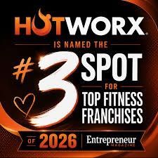 Hotworx ranked #3 in top fitness franchises of 2026, in orange and white on black.