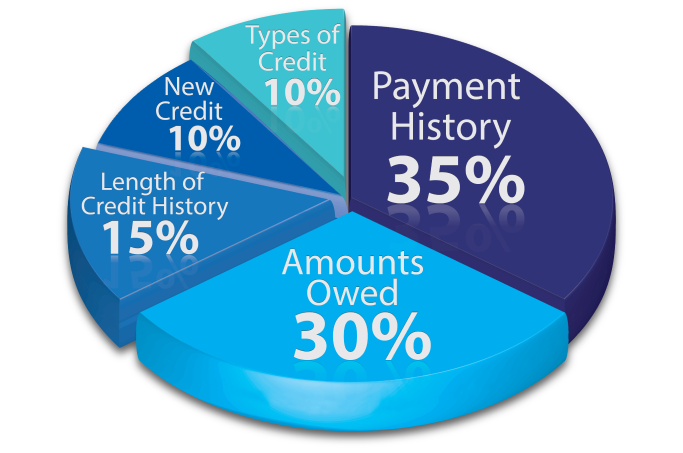 Pie chart showing types of credit payment history and amounts owed