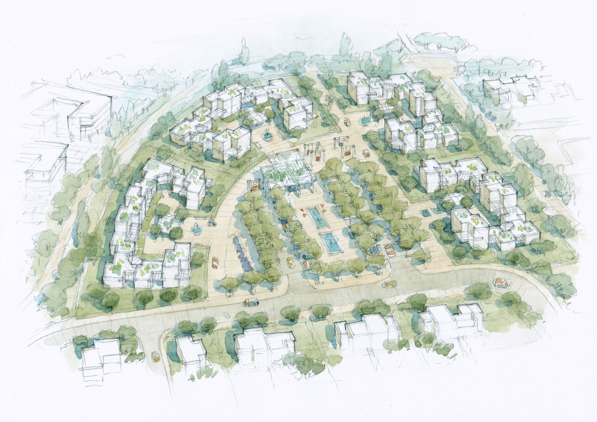 Aerial view of an urban development with apartment buildings, roads, and trees.