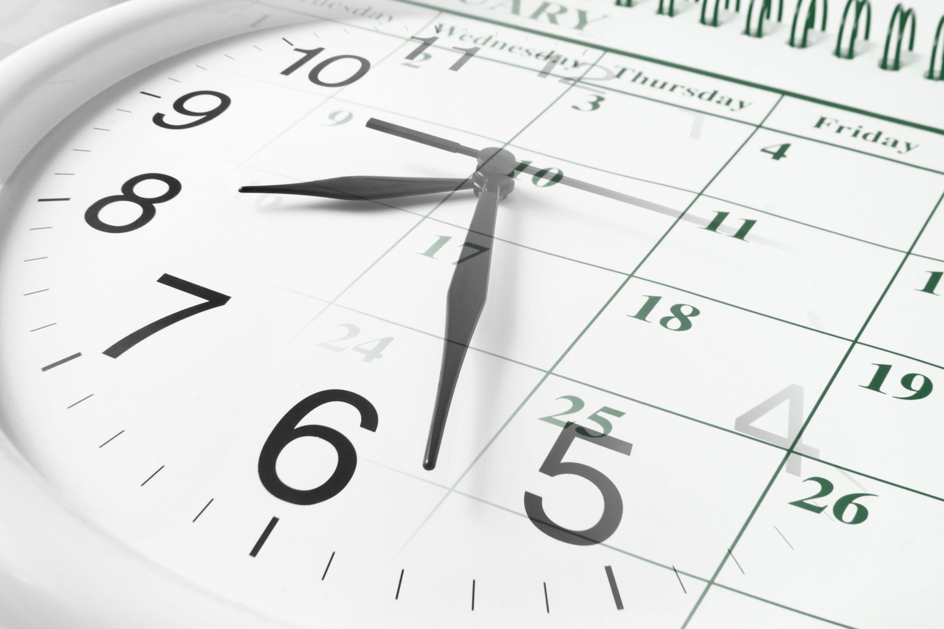 Clock face overlaid on a calendar showing the 25th date, with the time being approximately 8:30.