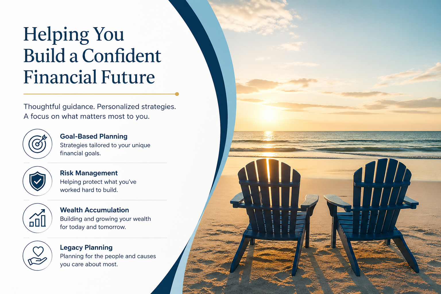Beachside financial planning brochure with two chairs at sunset and text on wealth management and risk protection