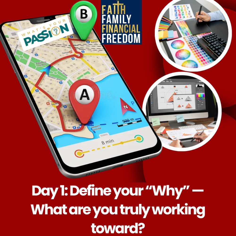 Phone showing a map from point A to B. Graphics for design are on the right. Text: Day 1: Define your