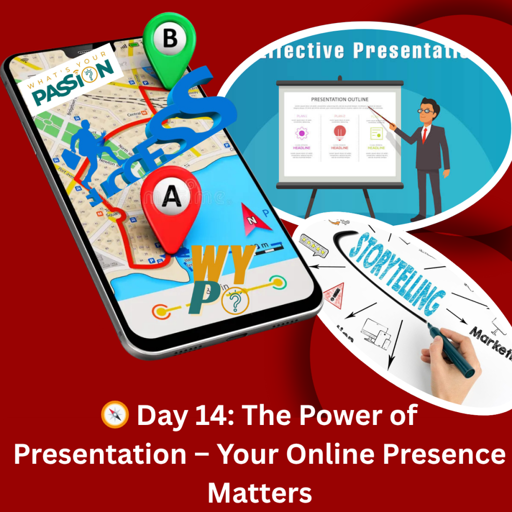 Smartphone map, presentation, and storytelling icons; Day 14: The Power of Presentation - Your Online Presence Matters.