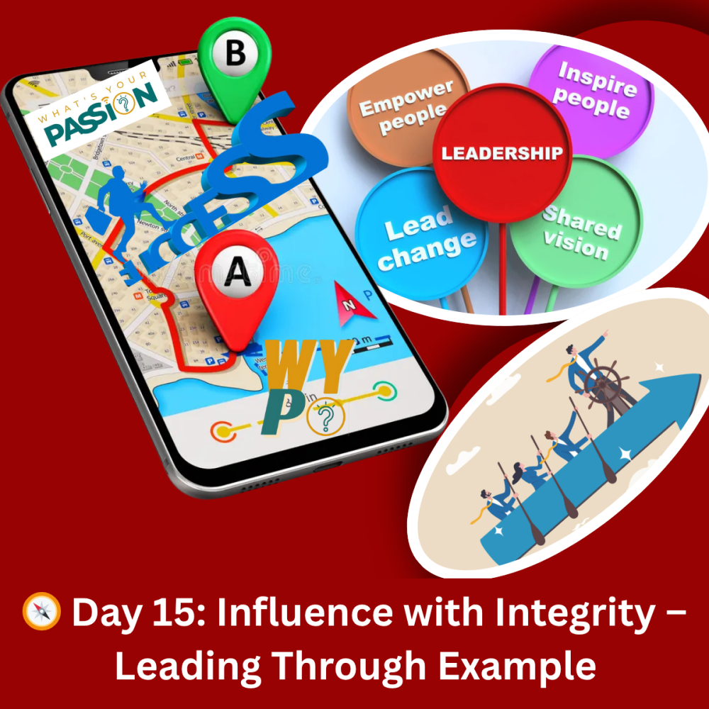 Smartphone map with route, leadership concepts, and a rowing team, promoting influence through example.