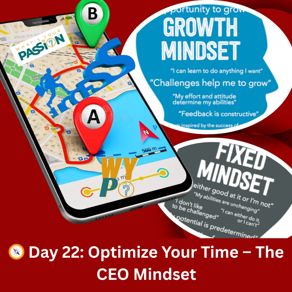 Smartphone map with route from A to B, Growth Mindset, and Fixed Mindset labels, Day 22 CEO Mindset.