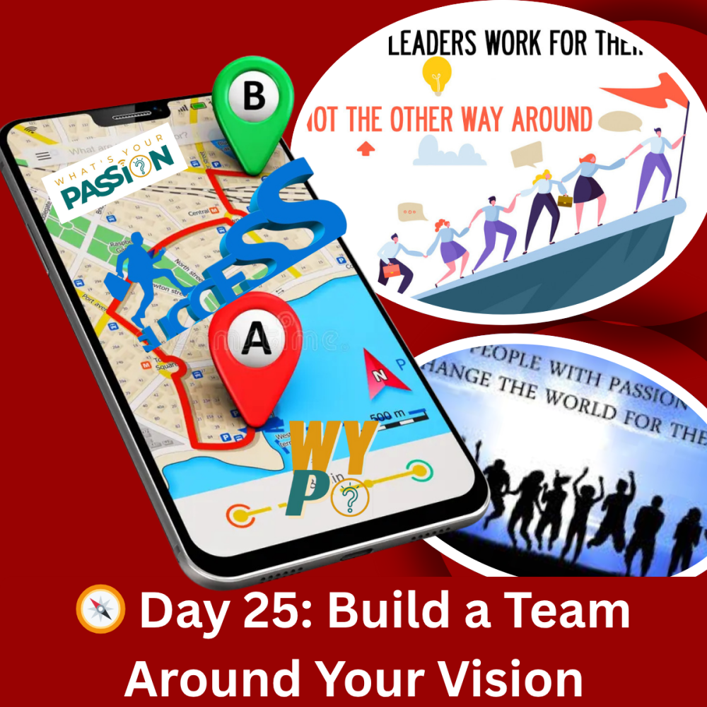 A phone screen displaying a map with points A & B, with illustrations about leadership and passion.