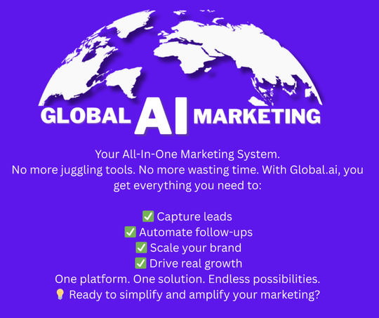 Purple ad: Global AI Marketing with world map, marketing benefits,