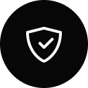 A white shield with a check mark inside of it in a black circle.