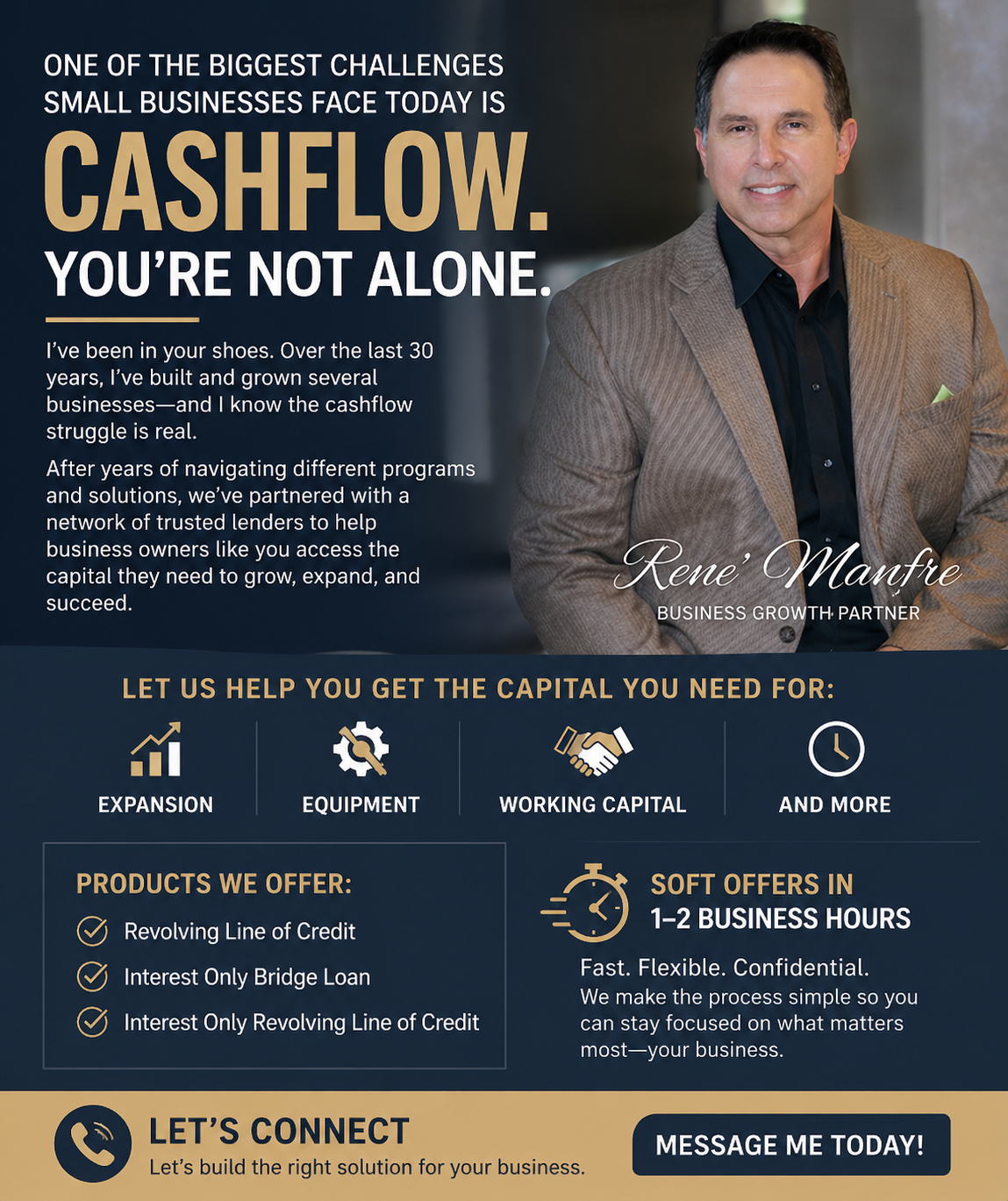 Business flyer about cash flow help, with a man’s portrait and text on financing options and services.