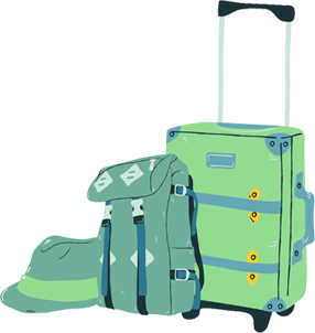 Green suitcase, backpack, and hat, ready for travel.