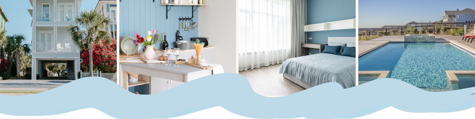 Four images: house exterior, dining area, bedroom, and pool. Light blue wave at the bottom.