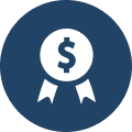 A blue circle with a white ribbon and a dollar sign in the middle.