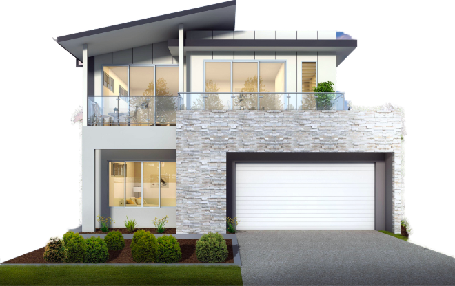 Modern two-story house with a white garage door, stone facade, glass balcony, and sloped roof.