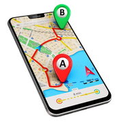 Smartphone map app showing a red route with pins labeled A and B near a coastline