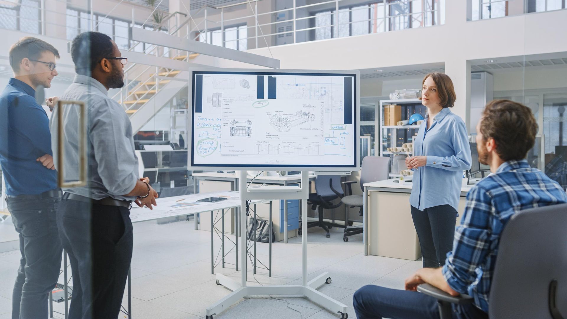 A group of people are standing around a large screen in an office.