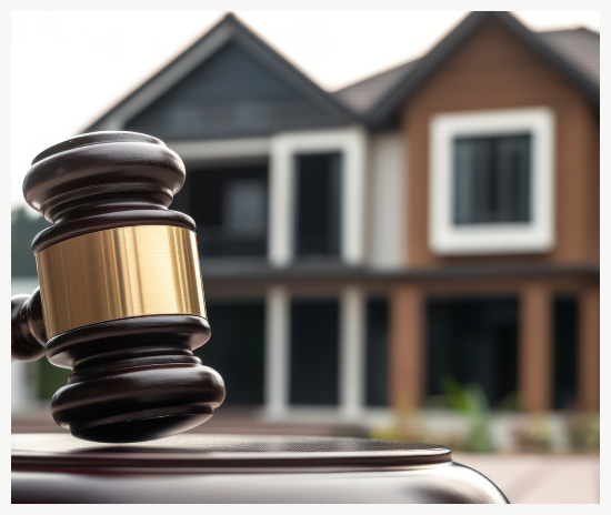Gavel over wooden block in front of a house, suggesting a real estate auction.