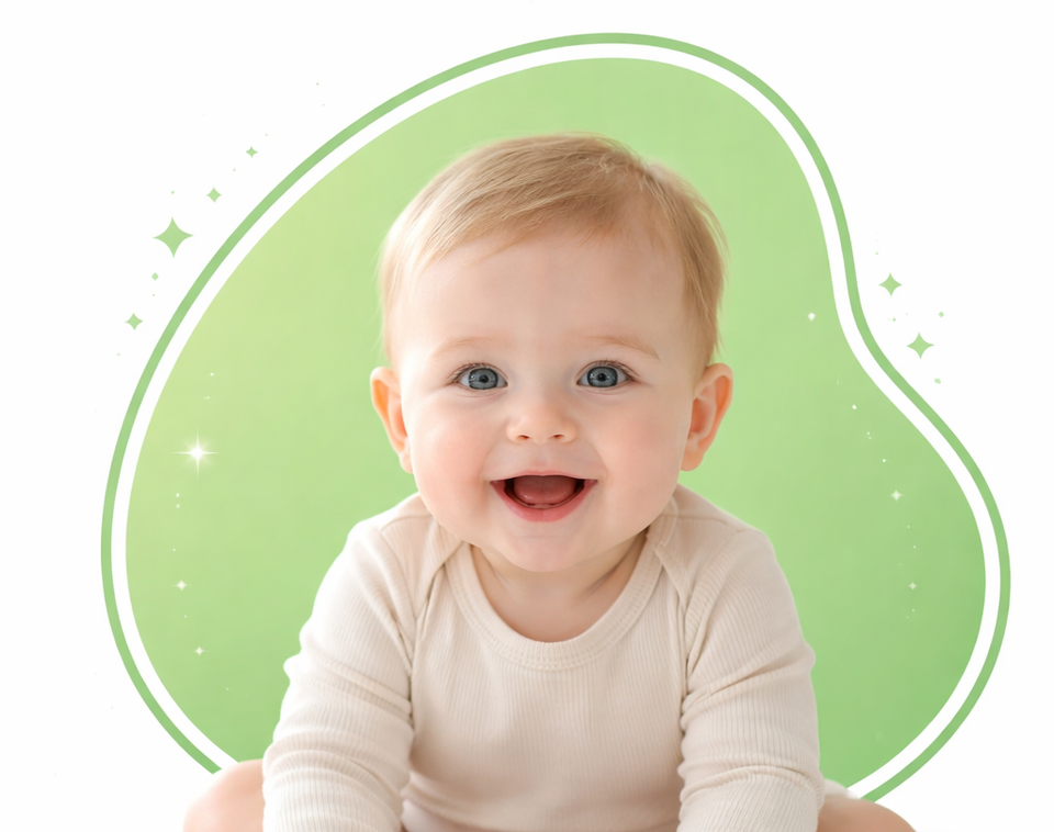 Smiling baby in a white outfit against a soft green background with sparkles