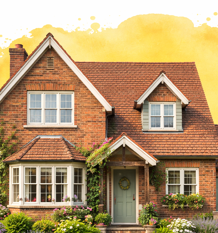 Charming brick house with red roof, white trim, and a pastel green front door amid lush garden
