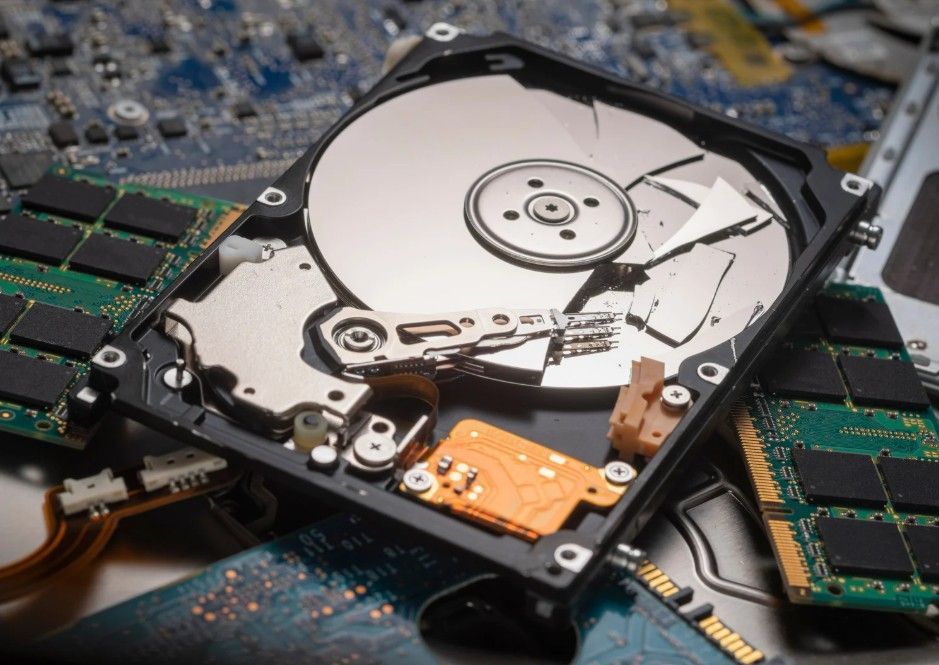 Open hard drive with exposed platters and read/write heads, surrounded by computer components.