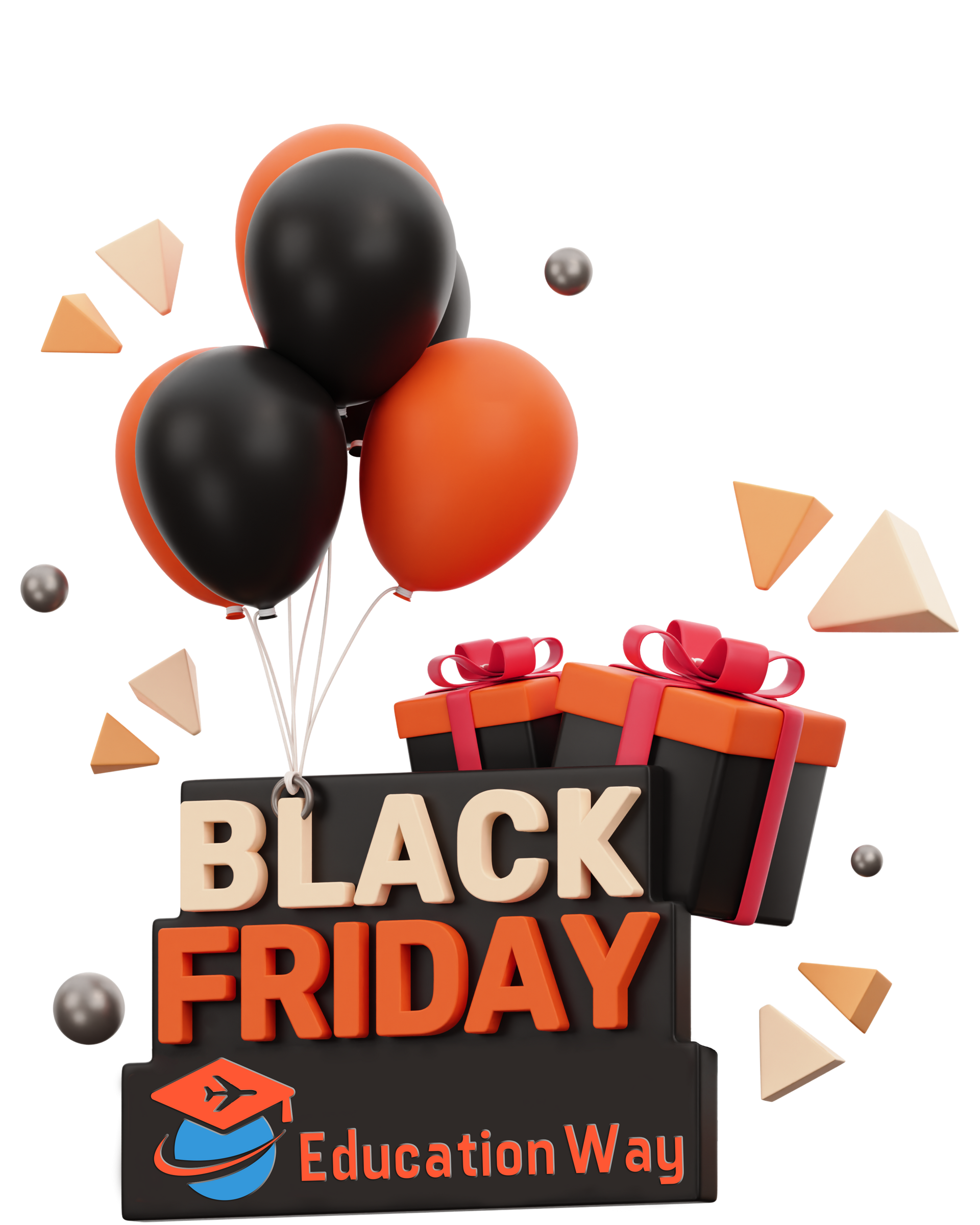 Promoção da Black Friday com balões, brindes e o logotipo da EducationWay.