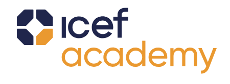 Logotipo da ICEF Academy; gráfico geométrico em azul escuro e laranja acima de