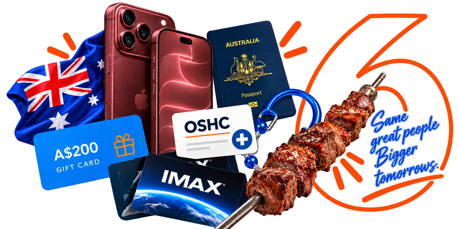 Prêmios da campanha: iPhone, passaporte australiano, OSHC, gift card de A$200, ingressos IMAX e espeto de churrasco