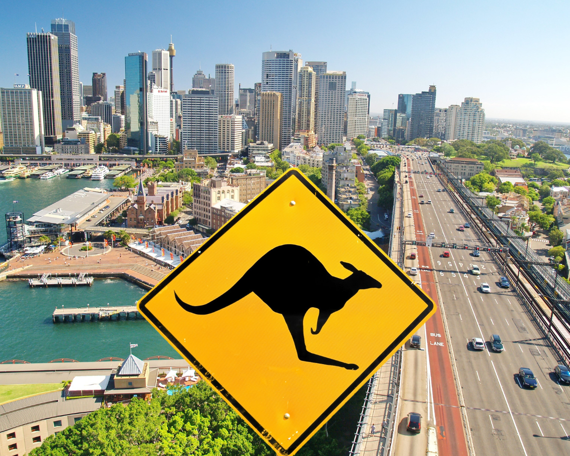 Placa amarela de aviso sobre cangurus na paisagem urbana de Sydney.