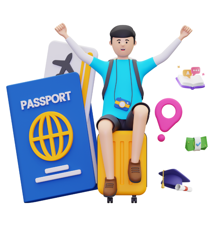 Viajante feliz sentado sobre mala, passaporte, passagens, alfinete de mapa, livros e chapéu de formatura.