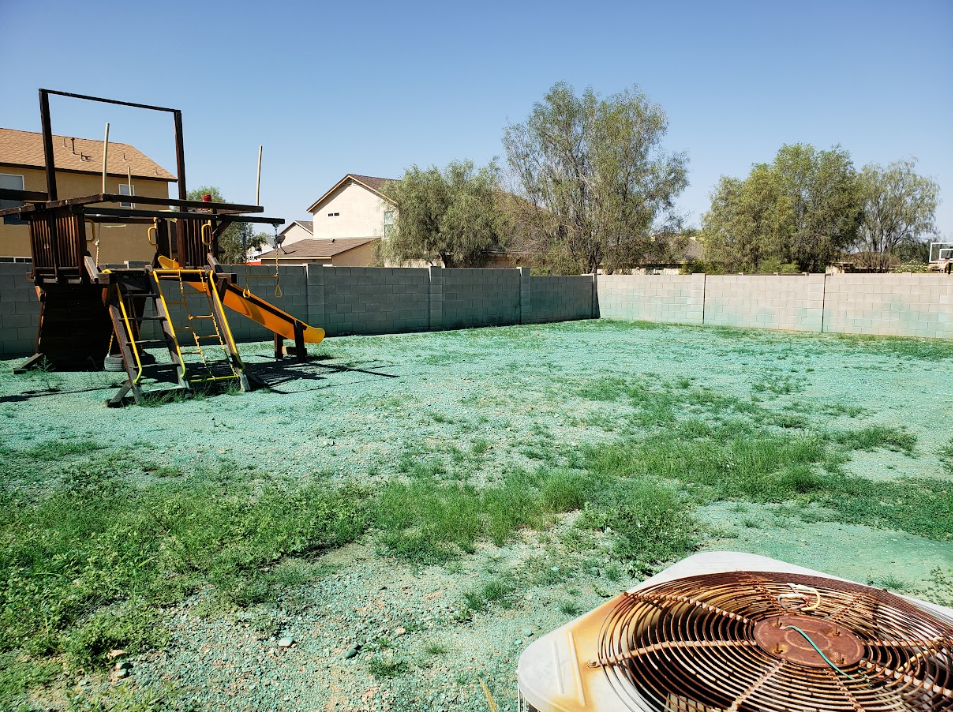 Backyard with playground set, green grass, fence, trees, and a small fan in the foreground