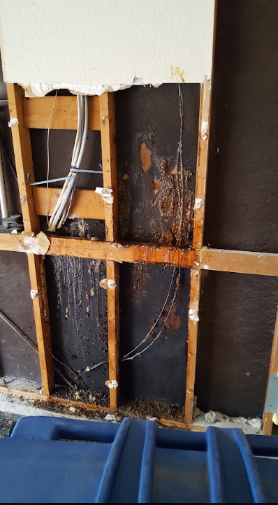 Exposed wall framing with wiring, rusted supports, and a blue tarp at the bottom