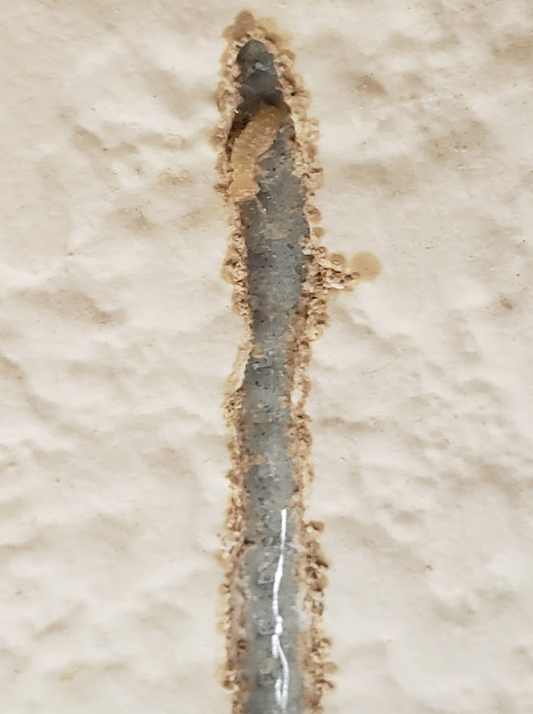 Close-up of a cracked beige wall with a long vertical gray patch and rough edges