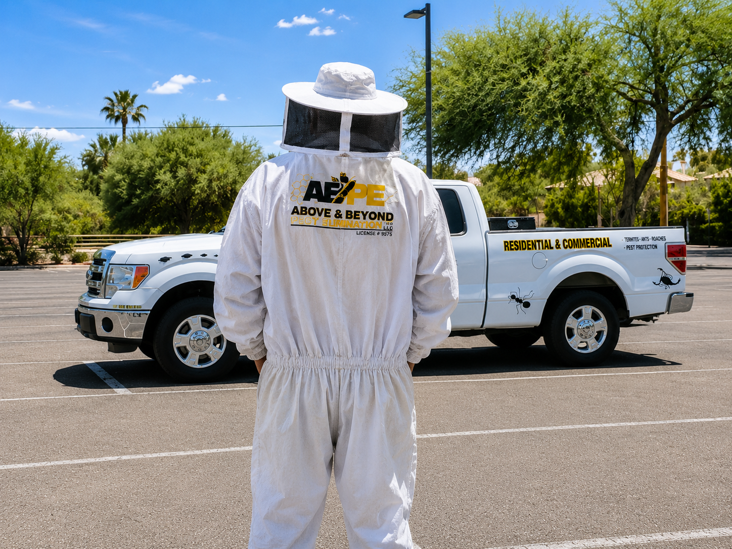Person in white protective suit standing in a parking lot beside a white utility truck under a sunny sky