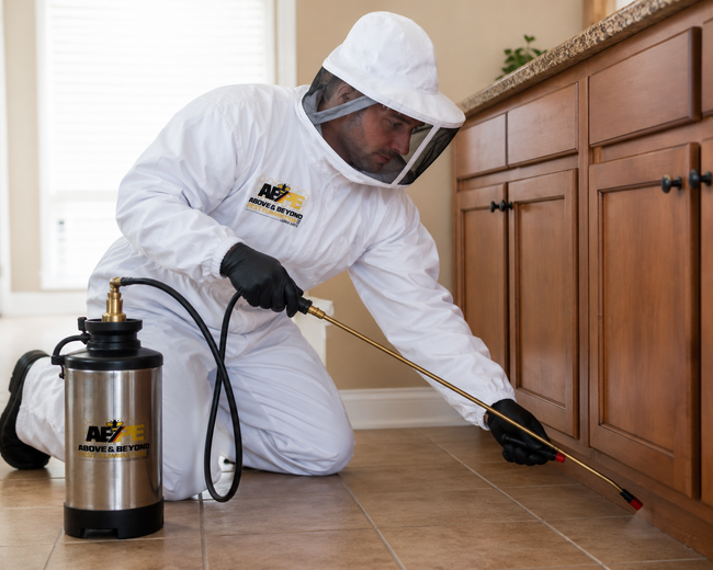 Pest control technician in white protective suit sprays insecticide along a tiled kitchen floor