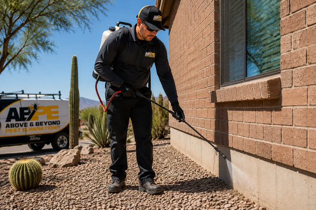 Worker applying treatment along a brick building wall near an Above & Beyond Pest Control sign