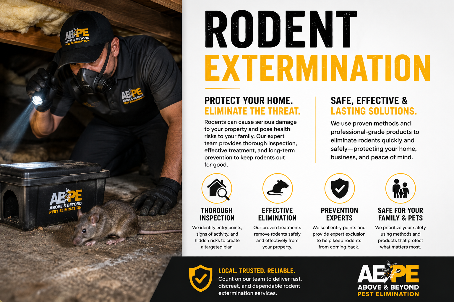 Rodent extermination ad with exterminator in protective gear beside traps and pest control branding