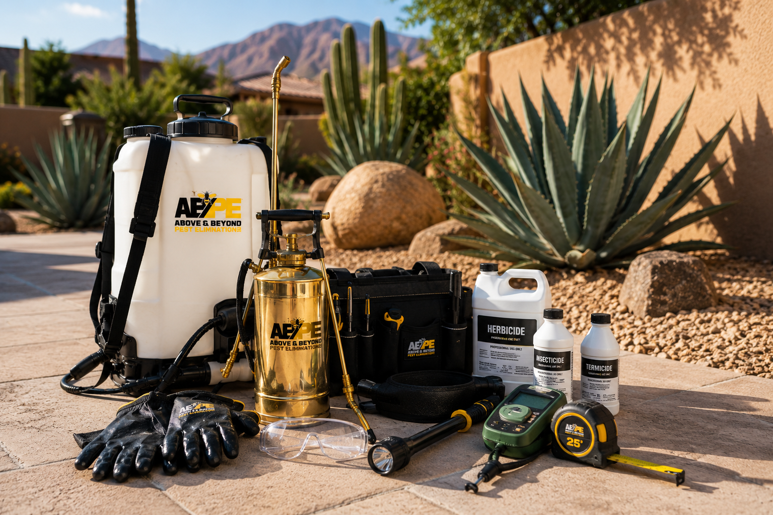Outdoor cleaning supplies and backpack sprayer set arranged on a patio beside desert plants and mountains.