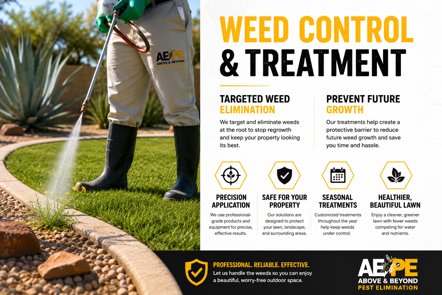 Weed control and treatment ad with a worker spraying a landscaped yard beside desert plants.