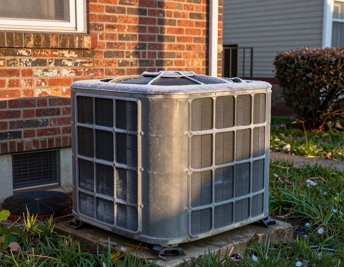 Residential HVAC unit showing signs of failure in a Newark NJ backyard — emergency repair needed.