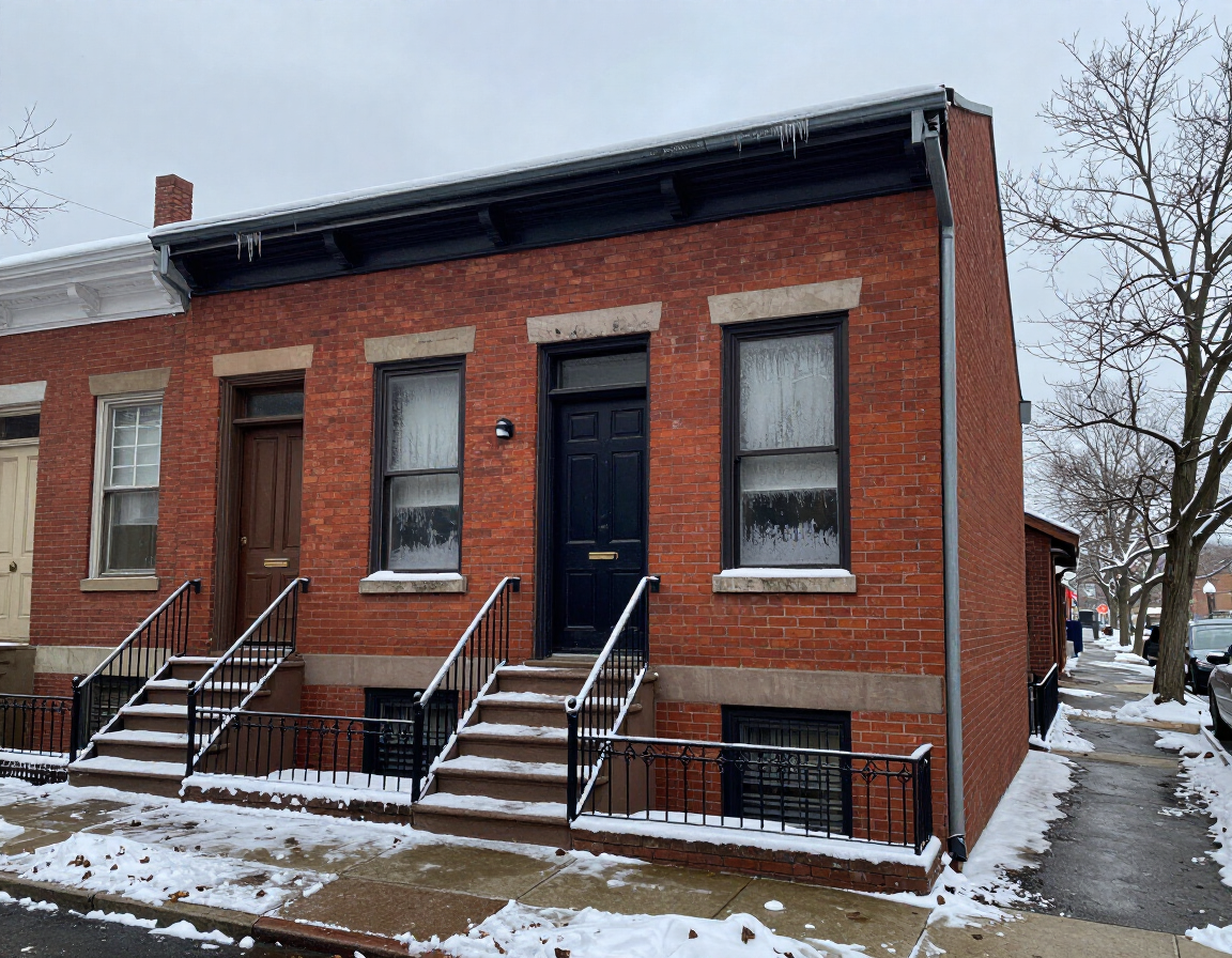 Newark NJ brick row home in winter — heating system reliability matters most in New Jersey's coldest months.