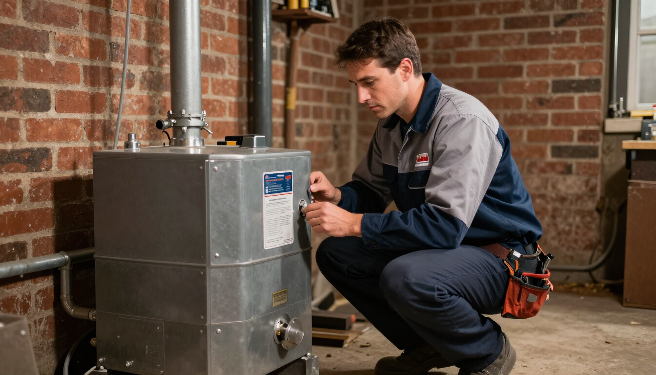 Licensed HVAC technician diagnosing a residential furnace in a Newark NJ home - Maverick Ambitions HVAC