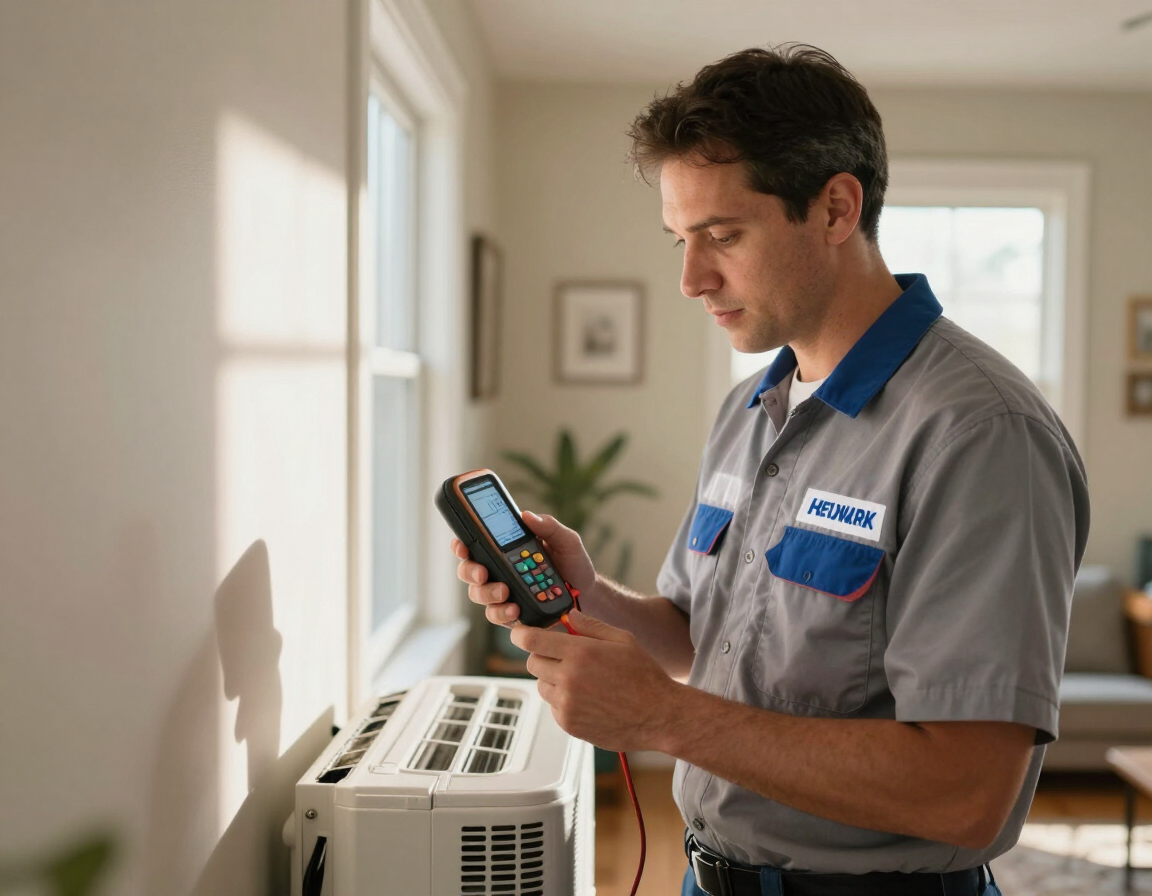 Maverick Ambitions HVAC technician reviewing diagnostic data on a residential HVAC system in Newark NJ
