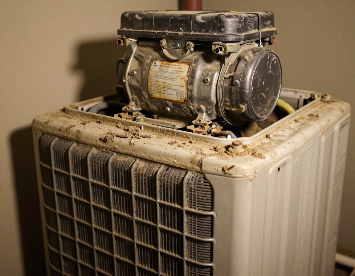 Dirty evaporator coil on a Newark residential AC unit showing deferred maintenance buildup.