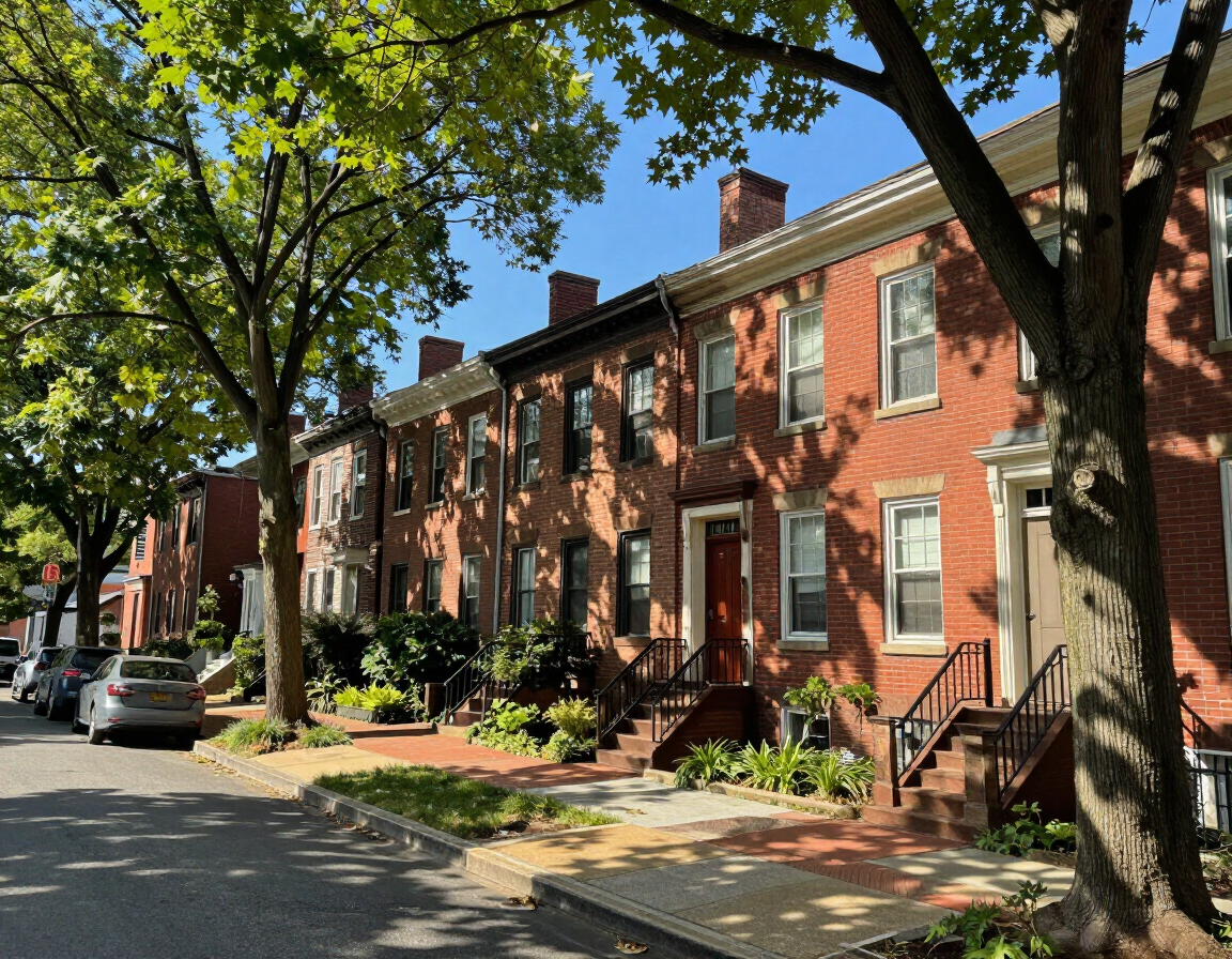Tree-lined street of two-family brick homes in Newark NJ residential neighbourhood.