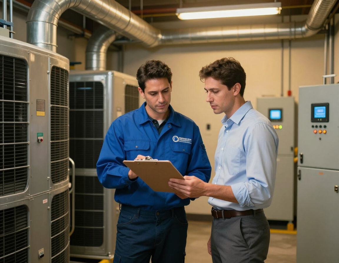 HVAC technician reviewing clipboard with property manager inside Newark commercial mechanical room