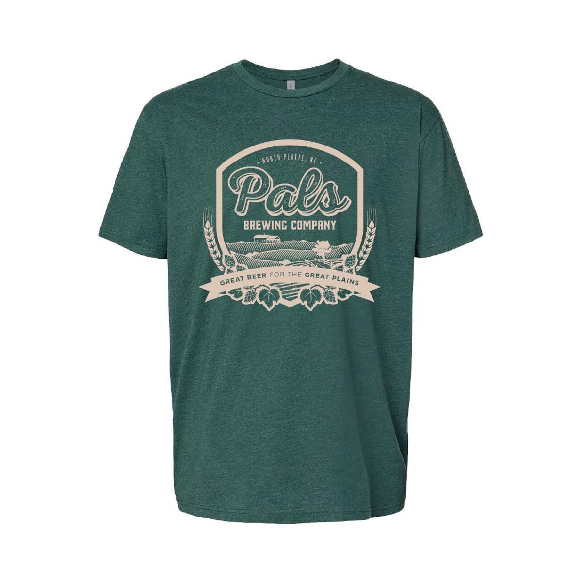 Green t-shirt with a brewery logo on the front and text saying 