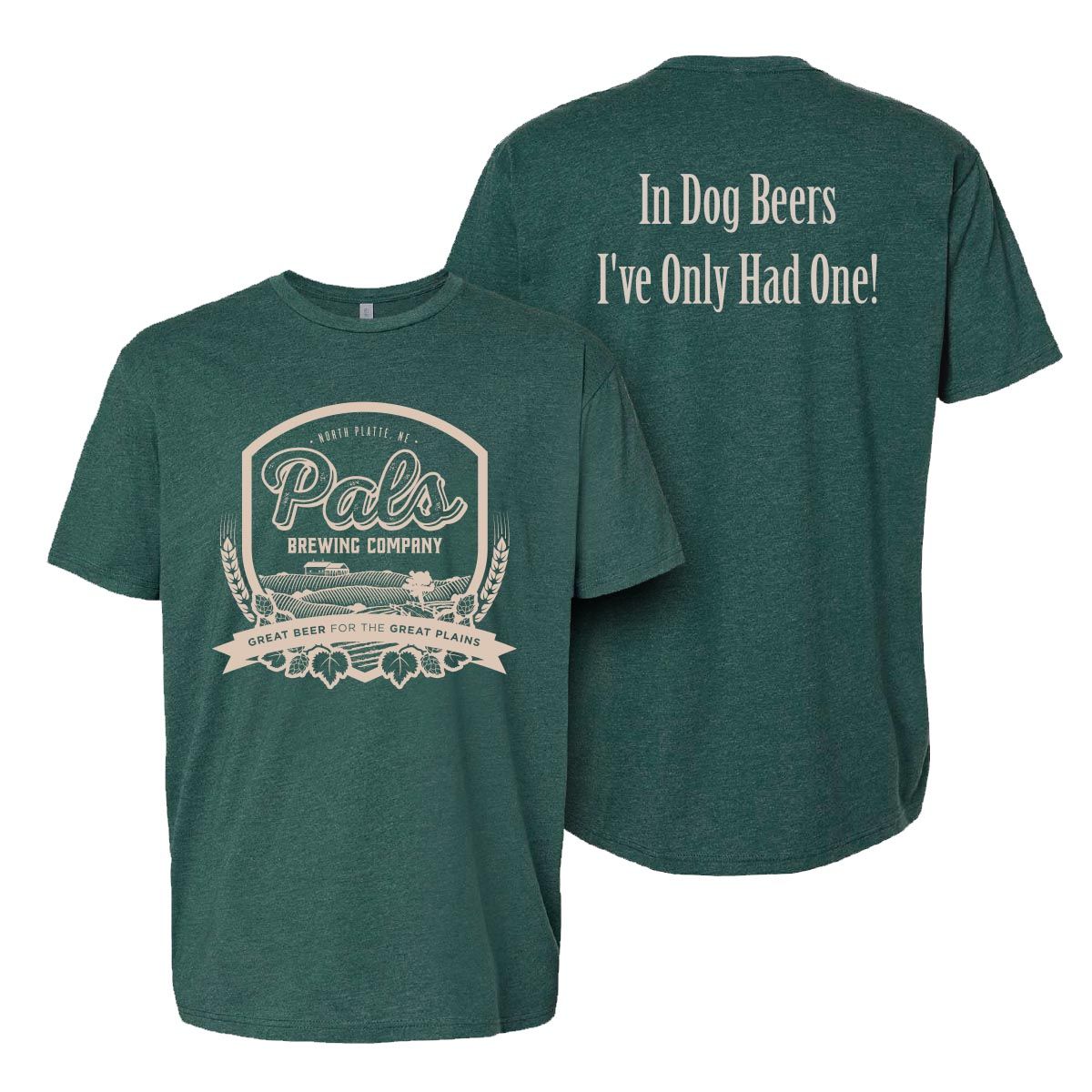 Green t-shirt with a brewery logo on the front and text saying 