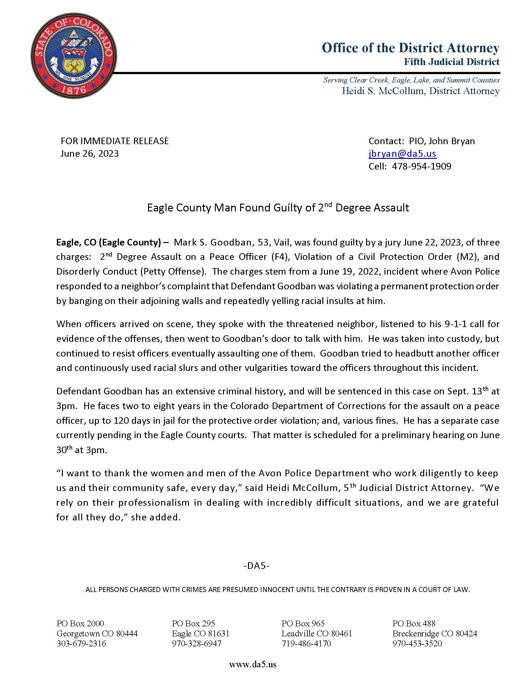 Eagle County Man Found Guilty of 2nd Degree Assault