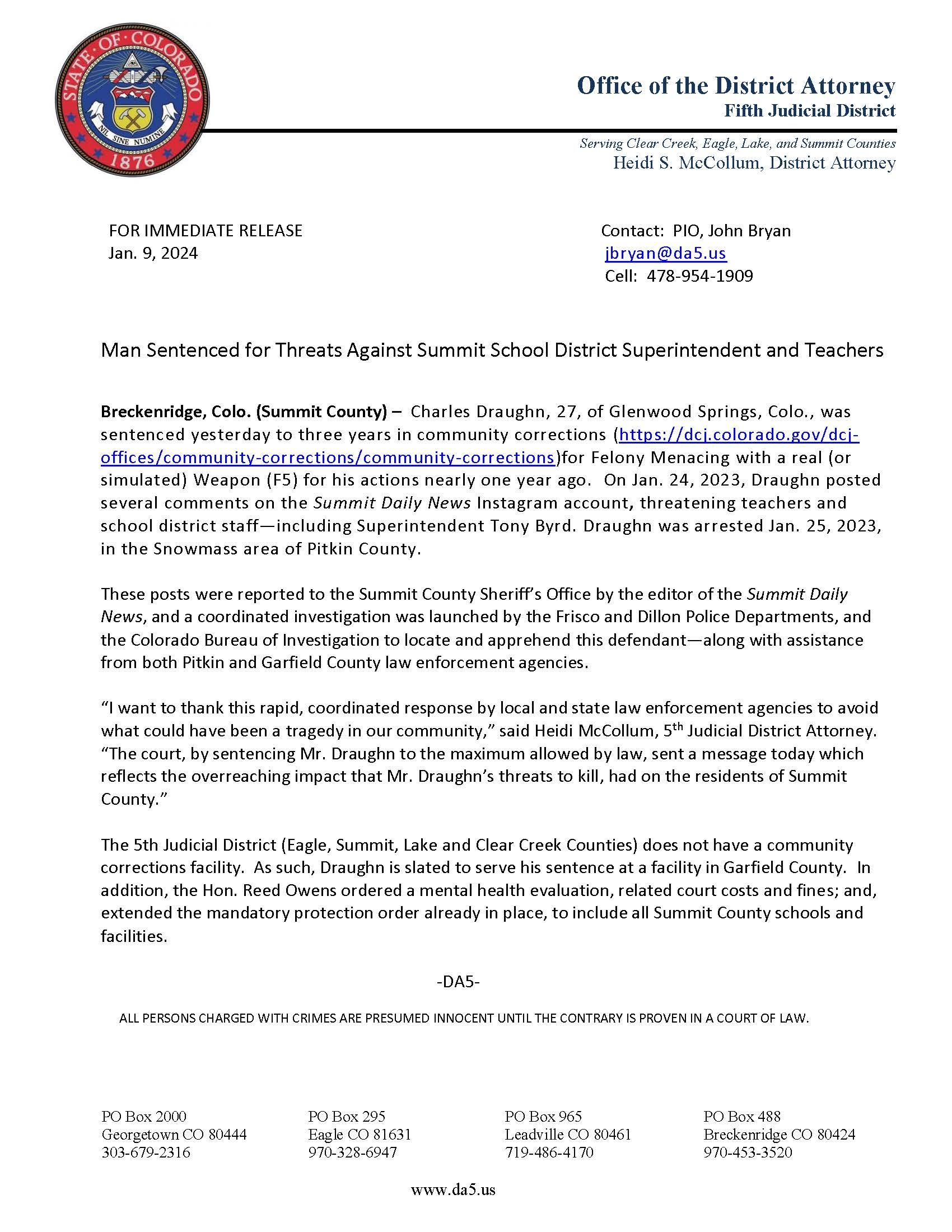 Man Sentenced for Threats Against Summit School District Superintendent