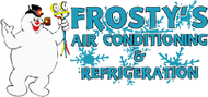 A logo for frosty 's air conditioning and refrigeration with a snowman on it.