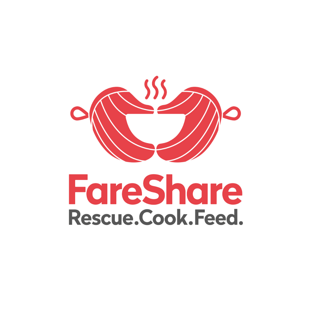 The FareShare logo features two red oven mitts forming a heart around steam, with the text 
